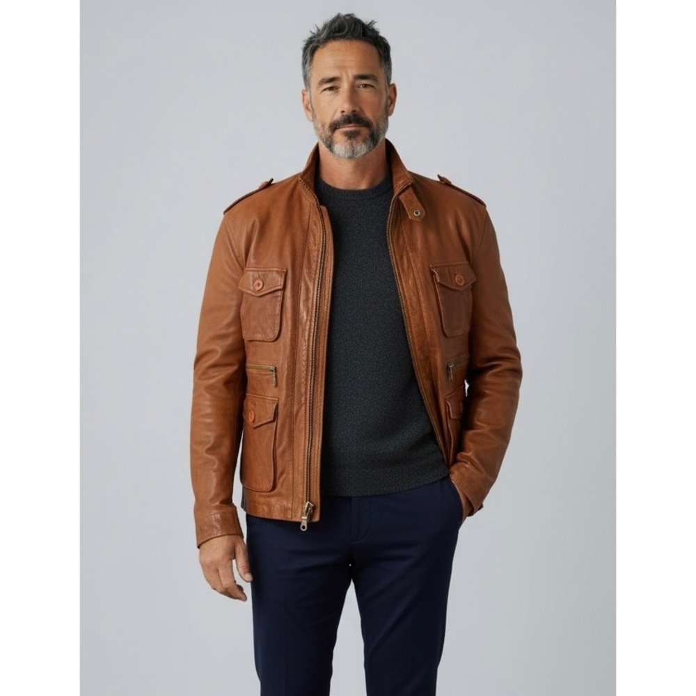 Gianni Antonio Uomo Brown Leather Field Jacket Mens Large Core‎ Utility Coat